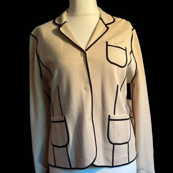 0201 Vintage ANNE KLEIN Cream and Black Wool Blazer Size L NWT - Picture 1 of 9